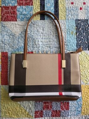 Beige Plaid Tote with Red Stripe and Brown Handles